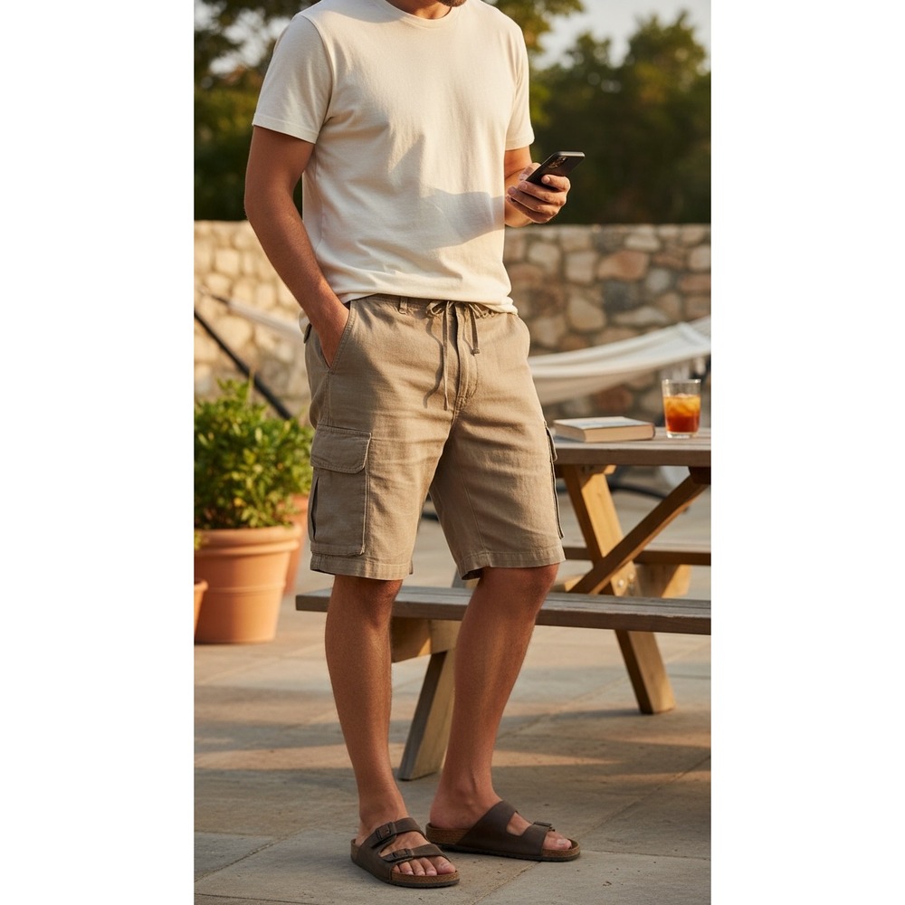 Caribbean Mens 100% Linen Cargo Shorts Khaki Tan Drawstring Size 38